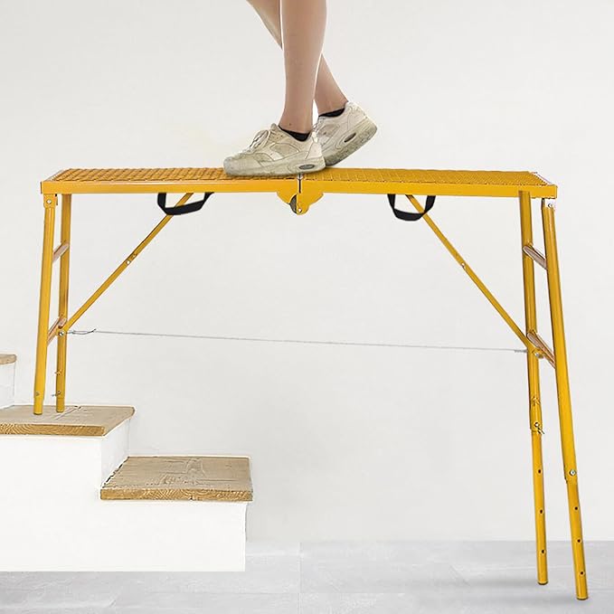 LEADALLWAY Scaffolding Platform 70"(L) x15(W) x33(H) 770 Lbs Capacity Portable Adjustable Work Platform Scaffolding Ladder,Yellow