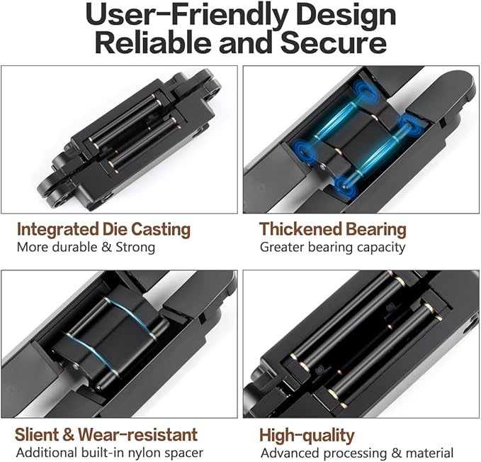 Onedaful 2 Kits 6 inch Stainless Steel Hidden Door Hinges Invisible Hinges for Door, 180 Degree Swing Concealed Hinges, 3 Way Adjustable & Heavy Duty for Secret Door (Load-Bearing Up to 170lbs)