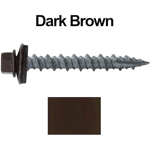 10 x 1-1/2" Dark Brown Metal Roofing Screws - Hex Washer Head- Self-Starting/Tapping - EPDM Washer. 8 X 250 Bags - 2,000 Screws