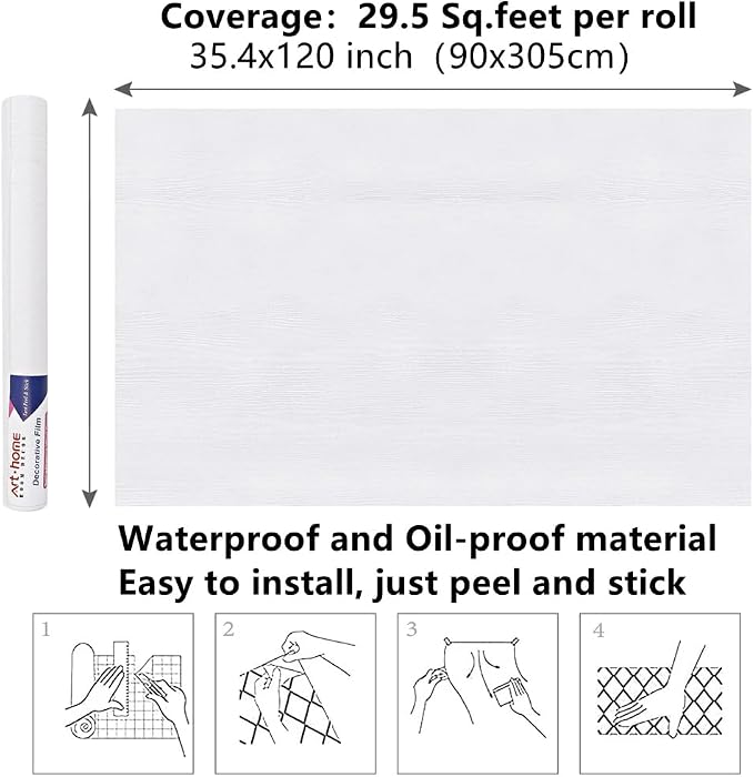 Arthome Peel and Stick Wallpaper - White Wood Contact Paper - White Wallpaper - Self-Adhesive, Removable and Waterproof for Cabinet, Countertop (33" x 120")