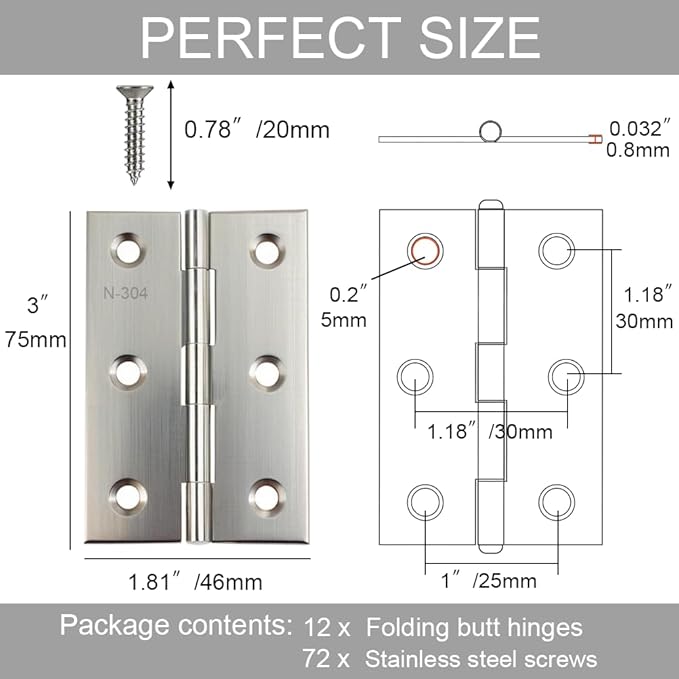 12 Pack Stainless Steel Folding Hinges, 3 Inch Door Hinges, Small Cabinet Hinges with 72 Screws for Wooden Cabinets, Boxes, Crafts and Lightweight Projects