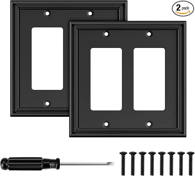Black Modern Decorative Wall Plate Light Switch Cover Decorator Outlet Covers Rocker Switch Plates Bamboo Fiber Material Wall Plates for Kitchen Bathroom (2 Gang Double Decorator-2 Pack)