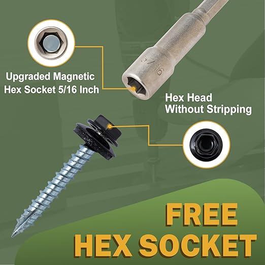 LIONMAX Metal Roofing Screws #10 x 1 Inch, 300-PCS, Black Painted Hex Head Sheet Metal Roof Screws, Rubber Washer, Sharp Point, Metal to Wood Siding Screws, Hex Socket Included