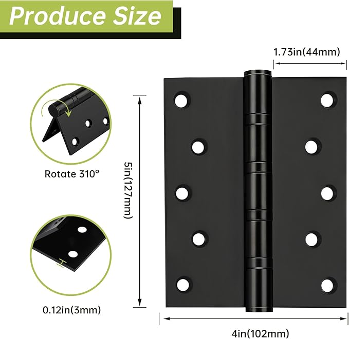3-Pack Black Door Hinges, 5 Inch Heavy Duty Stainless Steel Hinge for Interior Exterior Doors, Max Loading 150LB, Matte Black Ball Bearing Hinges with Screws, Smooth and Quiet