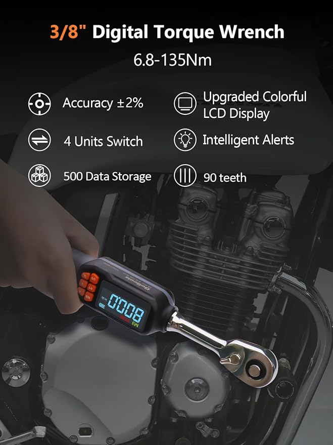 Goseek Digital Torque Wrench 3/8" Drive, 5-99.6Ft.Lb for Engine, Moto, Bike | 90Tooth Dual Direction Rachet Torque Wrench, ±2% Accuracy with LED/Buzzer Alert, Electronic Torque Wrench for Car, Suspension
