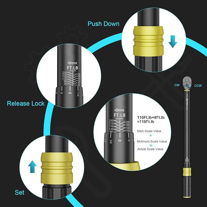 1/2-Inch Drive Click Torque Wrench, 30-250 Ft-Lb / 40.7-339 Nm | ±3% Accuracy, Heavy Duty, 72-Tooth Dual Direction Reversible Ratchet, Dual Scale, for Car, Truck, SUV, RV, Tractor & Towing