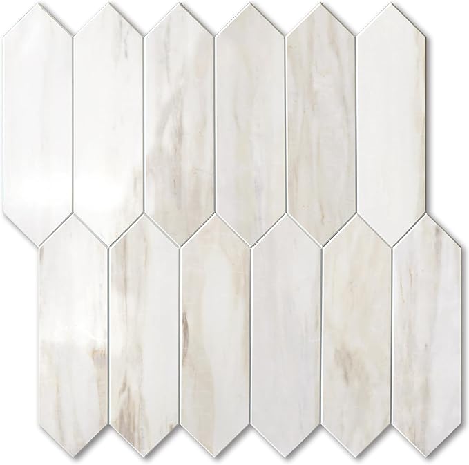 Vamos Tile 1 Sheet Glossy Wood Marble Grain Backsplash Tile Peel and Stick, 12.8 x 12.8 Inch Long Hexagon PVC Self Adhesive Mosaic Wall Tiles Stick on Backsplash for Kitchen,Bathroom,Fireplace