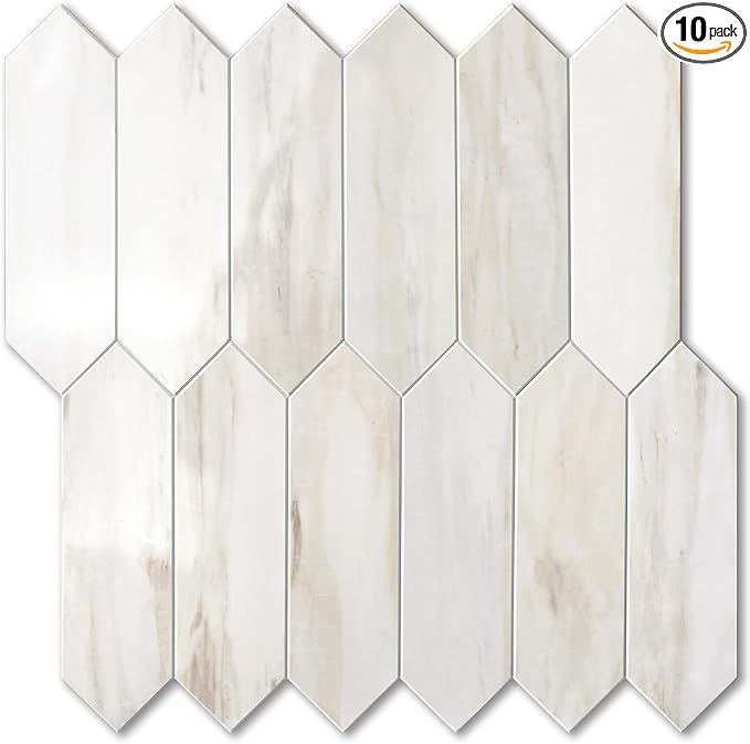 Vamos Tile Glossy Wood Marble Grain Backsplash Tile Peel and Stick, 12.8 x 12.8 Inch 10 Sheets Long Hexagon PVC Self Adhesive Mosaic Wall Tiles Stick on Backsplash for Kitchen and Bathroom