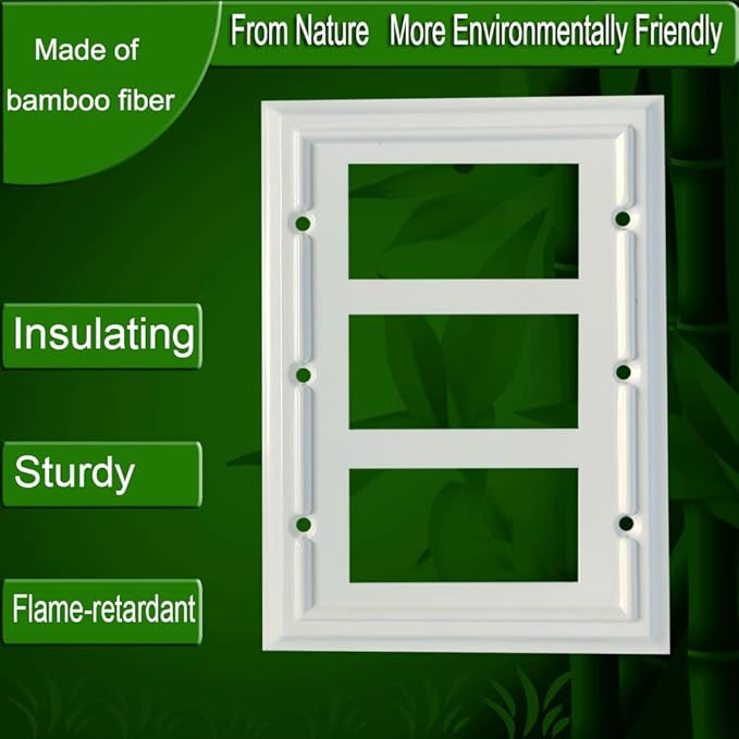 Wall Plates, Light Switch Plates, Receptacle Outlet Covers, Decorator Light Switch Cover, Bamboo Fiber Material Wall Plate, Standard Size Wall Plates of various styles, White (3 Gang Decorator 1 Pack)