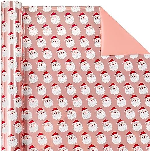 WRAPAHOLIC 30 Inch Reversible Christmas Wrapping Paper - 30 Inch x 33 Feet - Santa Claus Wrapping Paper and Solid Rose Gold Design with Metallic Foil Shine for Chrsitmas, Holiday, Party