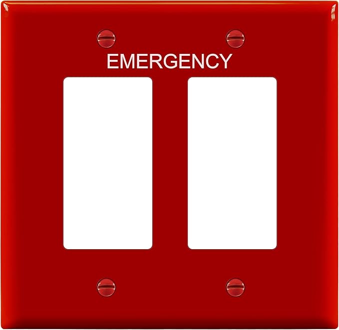 ENERLITES Double Decorator Switch Cover with Emergency Label, Two Gang Outlet Wall Plate, Mid-Size 2-Gang 4.88" x 4.92", Unbreakable Polycarbonate Thermoplastic, UL Listed, 8832M-ER, Red