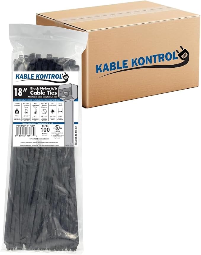 Kable Kontrol Cable Zip Ties, 18 Inch, 1500 Pcs, HD 175lbs Test, Black | Nylon Plastic, UV-Resistant, Self Locking, UL Listed, Indoor & Outdoor Use