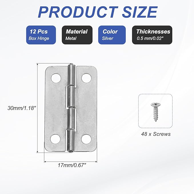 MECCANIXITY Small Butt Hinges 1-1/2 Inch Mini Jewelry Box Hinge with Screw for Jewelry Wooden Boxes Cabinet Drawer Doors Gate (Silver Tone, Pack of 12)