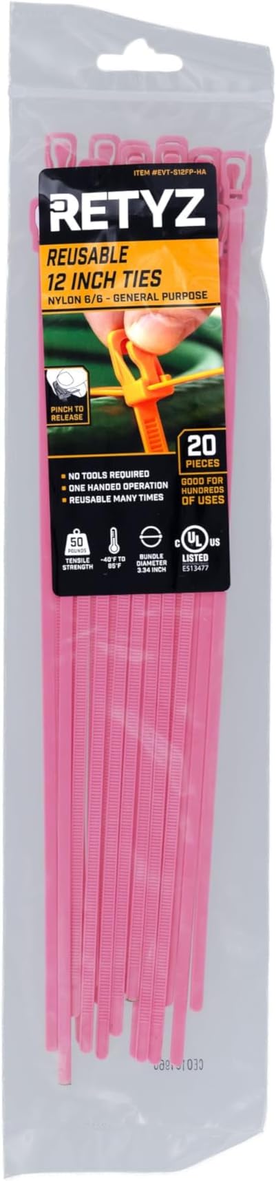 RETYZ 12-Inch Fluorescent Pink Reusable Releasable Cable Ties – 20 Pack, 50 lb Strength, Patented Quick-Release, Tool-Free Design for Home, Office, and Light Industrial Use