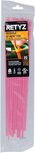 RETYZ 12-Inch Fluorescent Pink Reusable Releasable Cable Ties – 20 Pack, 50 lb Strength, Patented Quick-Release, Tool-Free Design for Home, Office, and Light Industrial Use