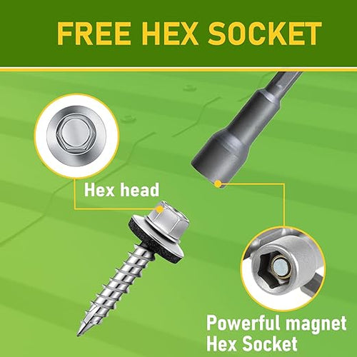 100 Pcs, #10 x 1 Inch Hex Head Metal Roofing Screws, Zinc Plated Sharp Point Sheet Metal Roof Screw with Rubber Washer, Self Tapping Metal to Wood Siding Screws, Hex Socket Included