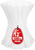 Zip Ties 12 inch, White Zip Ties 1000 Pack, Self-Locking Cable Ties with 60 Pounds Tensile Strength, Plastic Wire Ties for Indoor and Outdoor Use.