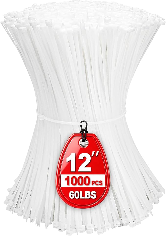 Zip Ties 12 inch, White Zip Ties 1000 Pack, Self-Locking Cable Ties with 60 Pounds Tensile Strength, Plastic Wire Ties for Indoor and Outdoor Use.