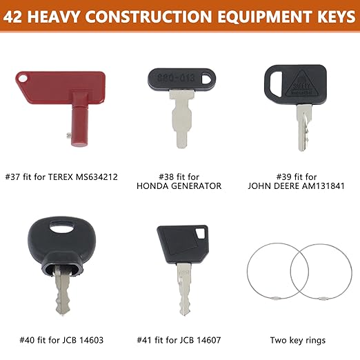 42 Heavy Construction Equipment Keys Set Compatible with CAT Caterpillar Bobcat JCB JD Case Kubota Volvo Komatsu John Deere Takeuchi Hyster Jlg Yanmar, Master Equipment Ignition Keys Set
