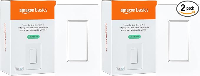 Amazon Basics Smart Light Switch, Single Pole, Compatible with Alexa Only, Voice Control, Schedule, 2.4 GHz Wi-Fi, No Hub Required, Easy to Install, White (Pack of 2)