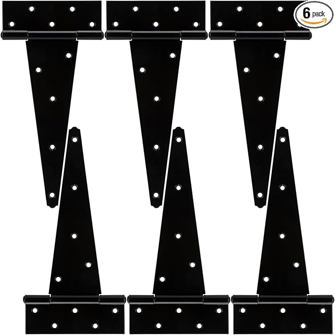 HILLMASTER 12 Inch T-Strap Heavy Duty Shed Door Hinges Gate Strap Hinges Black Tee Hinge Wrought Hardware for Wooden Fences,Yard,Barn Door,Rustproof (6 Pack)