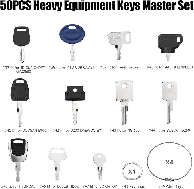 50 Heavy Equipment Keys Master Set, Construction Machinery Keys Set for Cat Catrepillar John Deere Komatsu Kubota Volvo Case JCB Hyster JLG Yanmar Takeuchi New Holland Heavy Equipment