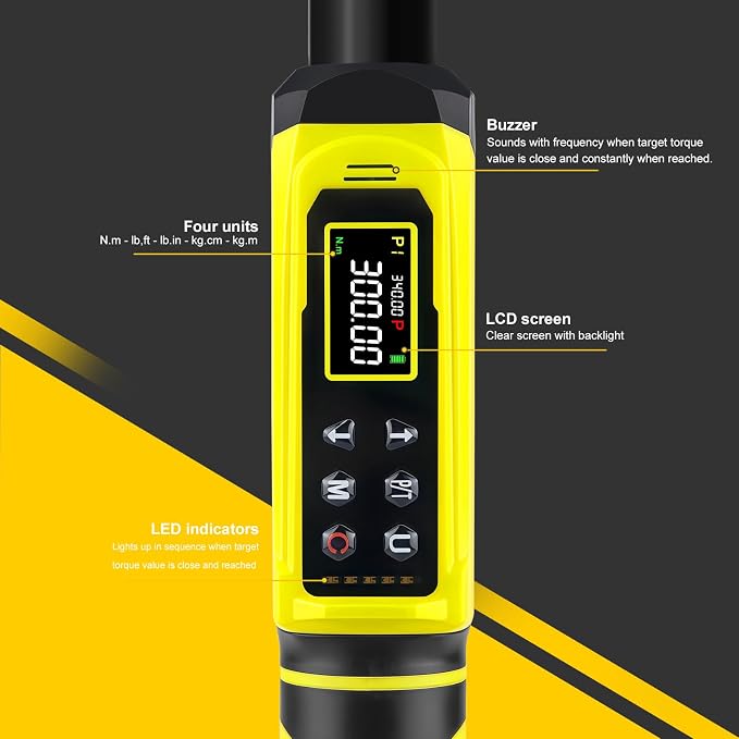 Digital Torque Wrench-1/2-Inch Drive & 5.1-340Nm (3.8-250.8 ft-lb), Heavy Duty Torque Wrench with Buzzer, 5 Units, ±2% Accuracy for Trucks & Machinery