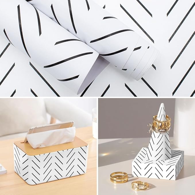 Erfoni Black and White Peel and Stick Wallpaper Herringbone Contact Paper | 17.7inx236.2in Geometric Removable Wallpaper Peel Stick Backsplash Self Adhesive Contact Paper Bathroom Wallpaper Decoration