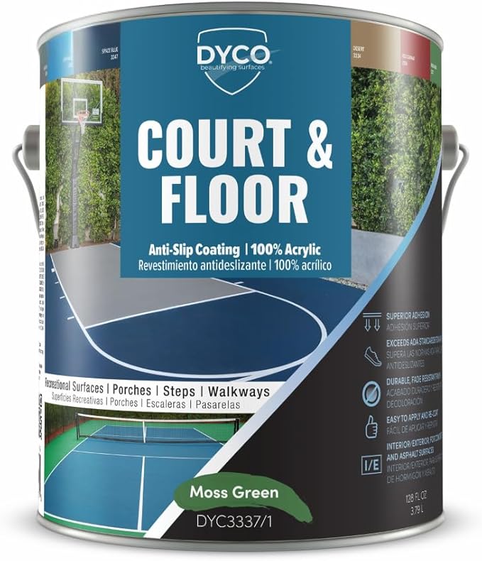 DYCO Court & Floor Anti-Slip Coating - Slip-Resistant Pavement, Cement & Concrete Paint for Pickleball, Tennis & Basketball Courts, Exceeds ADA Standards for Safety Areas (Moss Green, 1 Gallon)