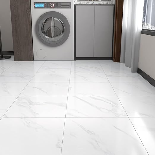WESTICK White Marble Peel and Stick Bathroom Floor Tile Self Adhesive Vinyl Tiles Peel and Stick Floor Waterproof Vinyl Flooring for Kitchen Bedroom Living Room Garage Camper RV 10 Pcs 12 x 12 inch