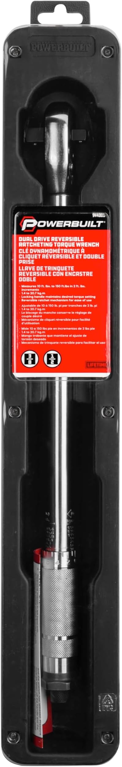 Powerbuilt Dual Drive Torque Wrench, 3/8 and 1/2 Inch Drives, 10ft Lbs, 19-inches Long, 10-150 Feet Range, Micrometer Style Torque Ranges 944001
