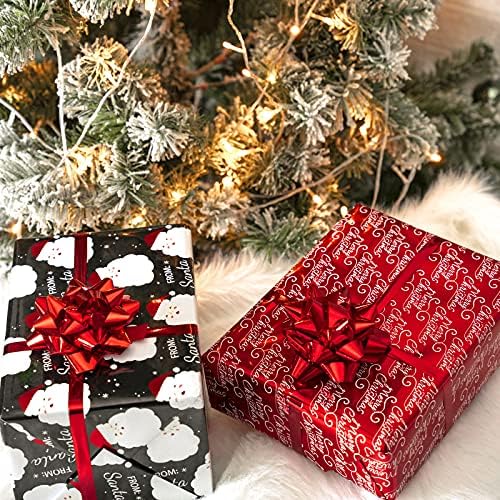 WRAPAHOLIC Christmas Wrapping Paper Set - Black Red Santa and Snowflake Holiday Collection with Metallic Foil Shine Wrapping Paper Bundle with Gift Bow & Ribbon & Tag & Sticker