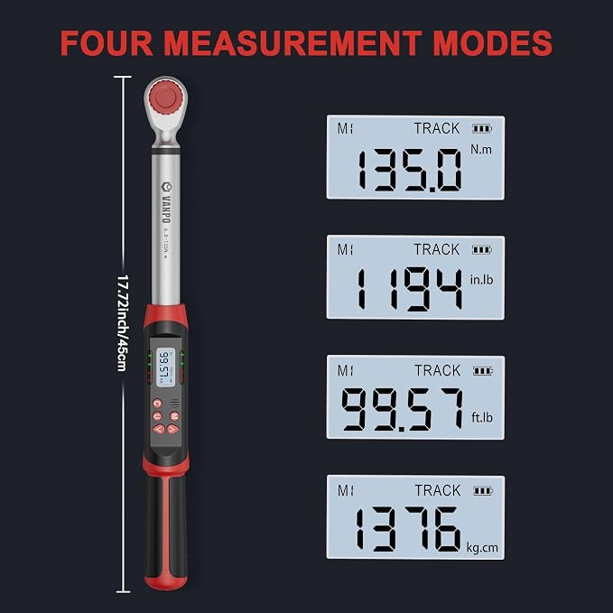 VANPO Digital Torque Wrench 1/2-Inch Drive 5-99.5 ft-lbs./6.8-135Nm, Electronic Torque Wrench with Preset Value, Buzzer and LED Notification, ±2% Accuracy for Moto, Car