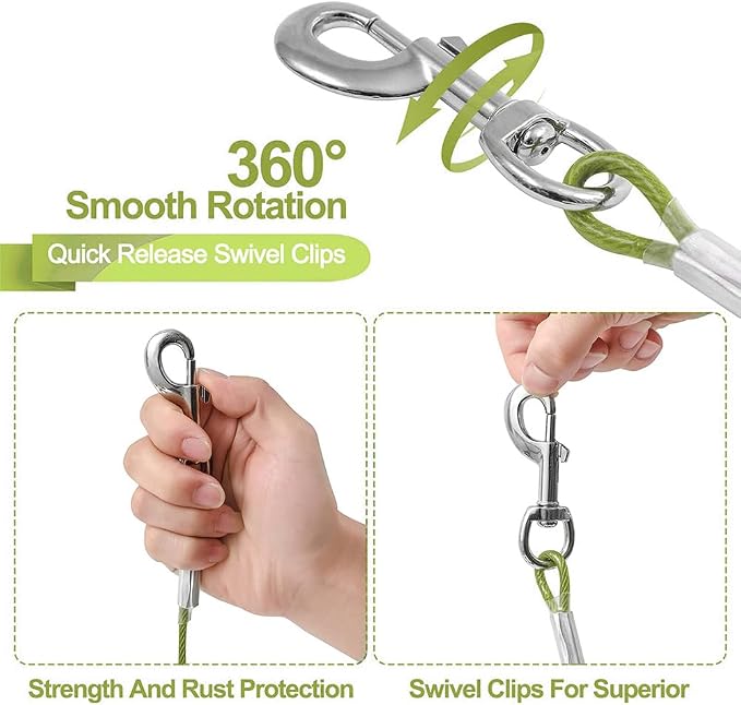 Tie Out Cable for Dogs,10/20/30/50/100FT Dog Leads for Yard Chew Proof,Heavy Duty Tie Out Cable for Large Dogs Up to 125lbs,Dog Runner Tether (Green, 125Ibs 20ft)