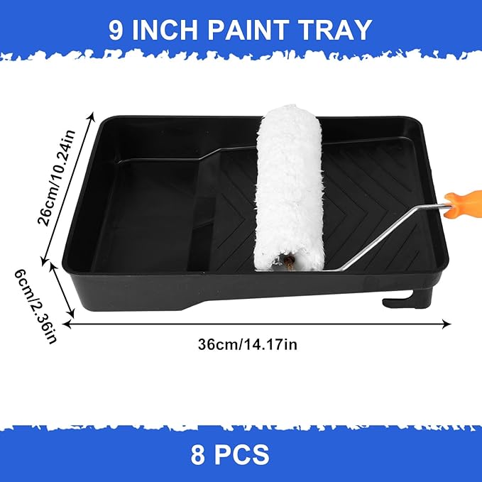 Geelin 8 Pcs Paint Tray 9 Inch Reusable Plastic Roller Pan for 9 Inch Roller Brushes Paint Pan with Sturdy Legs Textured for Wall, Black