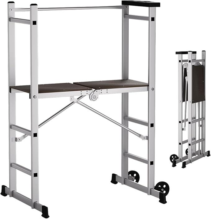 APARECIUM 5' Foldable Aluminum Scaffolding, Portable Scaffolding Ladder, Rolling Scaffolding Work Platform, Scaffold Tower, Ladder Stool Work Bench, Adjustable Work Platform, 330 Lbs Duty Rate