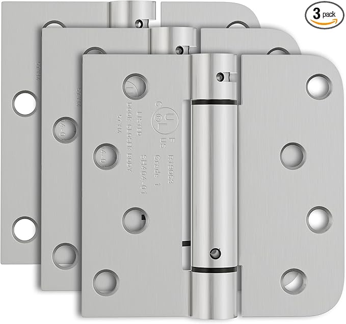 3 Pack Self Closing Door Hinges, 4 Inch Spring Loaded Door Hinges with Square & 5/8'' Radius Corners, Adjustable Tension for Garage, Front, Back Door, UL Listed, Left and Right Hand