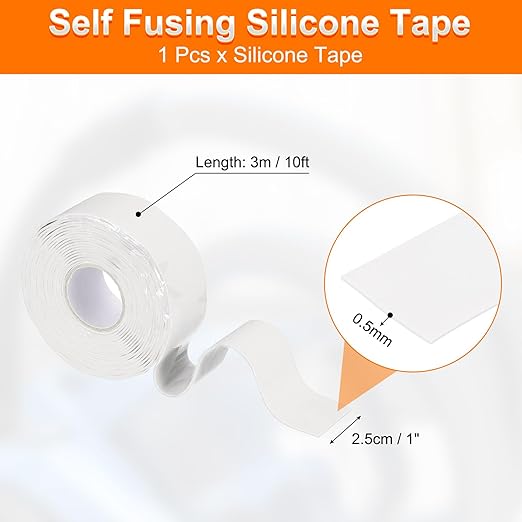 uxcell Self Fusing Silicone Tape, 1" x 10ft Waterproof Water Leak Sealing Tape for Plumbing Pipe Hose Repair Handles, White (0.5mm Thick)