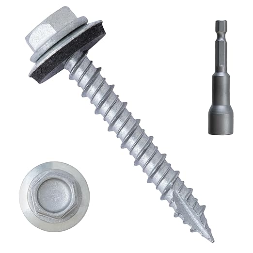 LIONMAX Metal Roofing Screws #10 × 1-1/2 Inch, 300-PCS, Rustproof Coating Hex Head Sheet Metal to Wood Siding Screw with Rubber Washer, Sharp Point, Hex Socket Included
