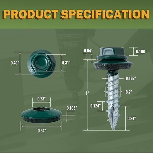 LIONMAX Metal Roofing Screws #10 × 1 Inch, 300-PCS, Forest/Ivy Green Painted Hex Head Sheet Metal Roof Screws, Rubber Washer, Sharp Point, Metal to Wood Siding Screws, Hex Socket Included