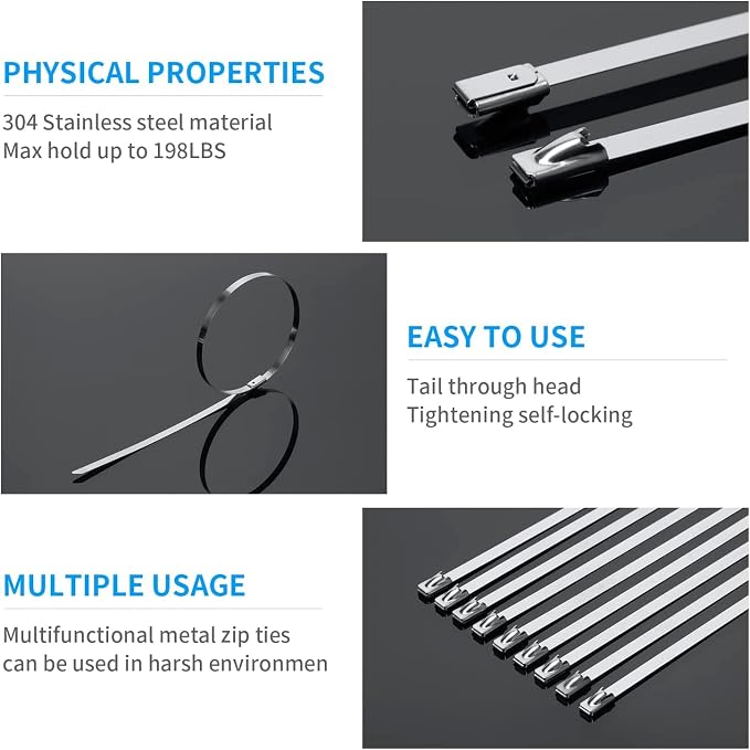 XINGO 14 inch Black Metal Zip Ties (100 Pack), 304 Stainless Steel Heavy Duty Zip Ties, 300lbs Tensile Strength, Multi-Purpose Self-locking Cable Ties for Exhaust Wrap, Outdoor and Canopy Etc