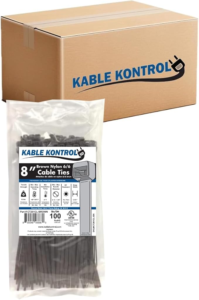 Kable Kontrol Cable Zip Ties, 8 Inch, 10000 Pcs, 50lbs Test, Brown | Nylon Plastic, Self Locking, UL Listed, Indoor Use