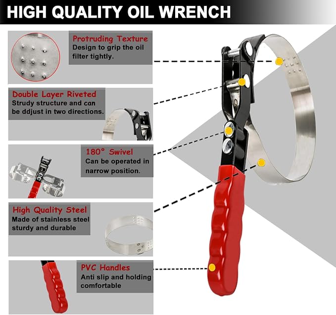 Extra Small Swivel Oil Filter Wrench, Oil Filter Removal Tool | Universal Filter Wrench 2-1/16" - 2-5/8", Stainless Steel, Double Layer Riveted Structure, Swivel 180°, Non-slip Handle