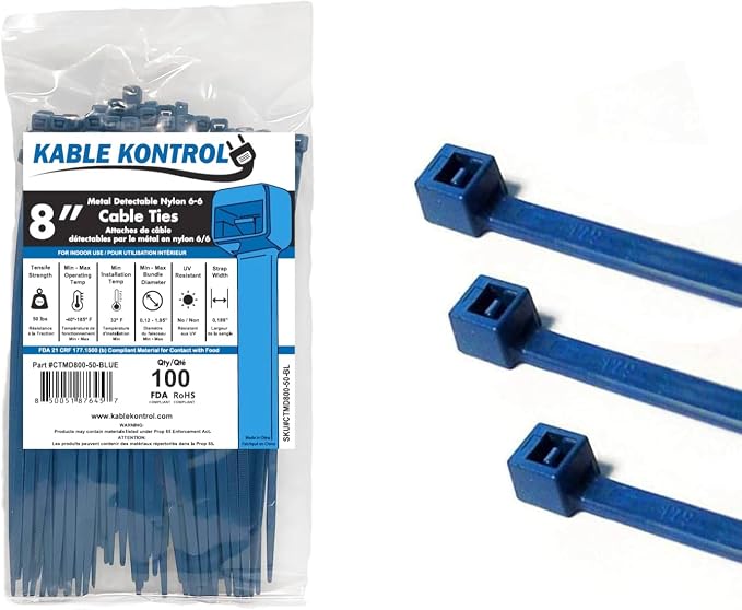 Kable Kontrol Metal Detectable Blue Zip Ties 100 Pcs, 8 Inch, 50 Lbs Test | Iron Infused Cable Ties, Self-Locking, Metal Detector Compatible, Material Complies FDA Standards