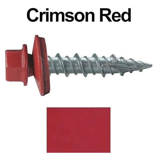 10 x 1 Crimson RED Metal Roofing Screws - Hex Washer Head- Self-Starting/Tapping - EPDM Washer. 1 Bag - 250 Screws