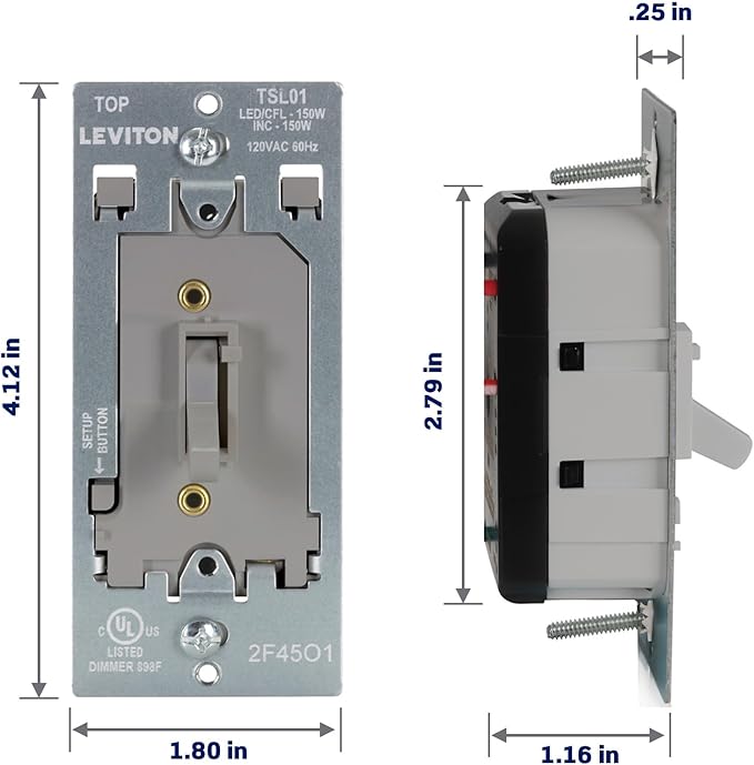 Leviton Toggle Slide LED Advanced Dimmer Switch for 150W Dimmable LED, Halogen and Incandescent Bulbs and Fixtures, TSL01-10G, Gray