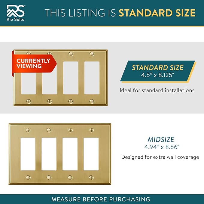Rio Salto BRASS Deco Collection Standard Size 4-Gang Quad Rocker Gold Decorator Switch of Receptacle Wall Plate Cover Light Switch Wallplate Covers 4 Gang GFCI Brushed Brass Rocker Metal