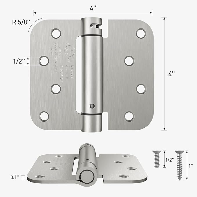 HOSOM Self Closing Spring Loaded Hinges, 4 Inch, Adjustable Tension for Garage, Front, Back Door, UL Listed, Left and Right Hand, 5/8'' Radius Corners, Brushed Nickel, 2 Pack
