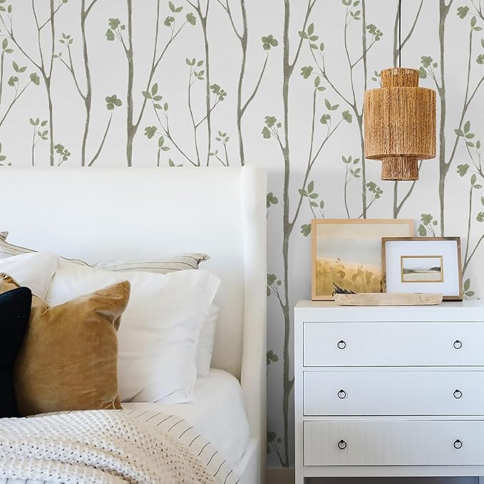 Timeet Green White Leaf Floral Boho Wallpaper 16" x 393.7" Self-Adhesive Removable Peel and Stick for Walls Covering