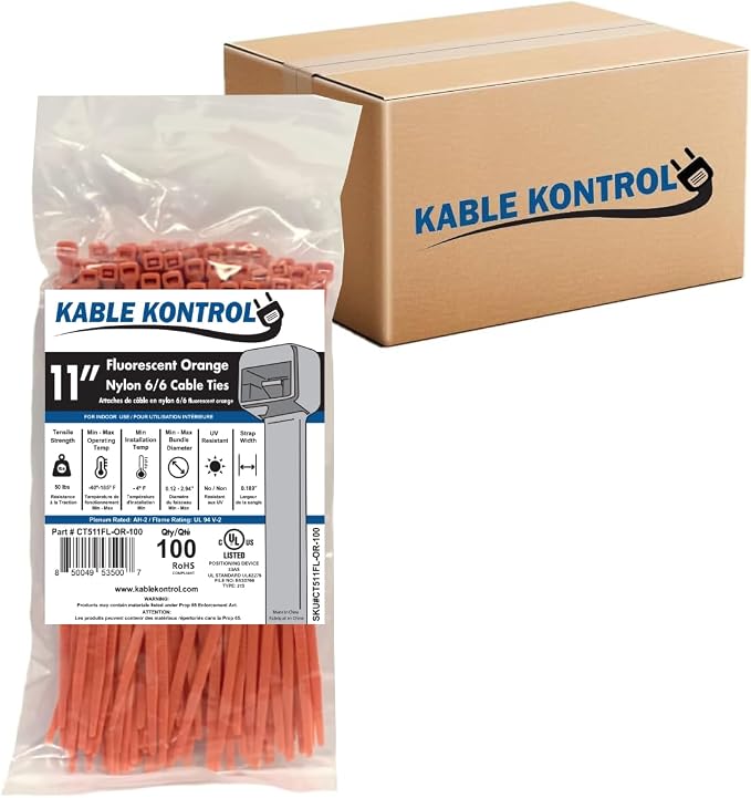 Kable Kontrol Cable Zip Ties, 11 Inch, 8500 Pcs, 50lbs Test, FL Orange | Nylon Plastic, Self Locking, UL Listed, Indoor Use